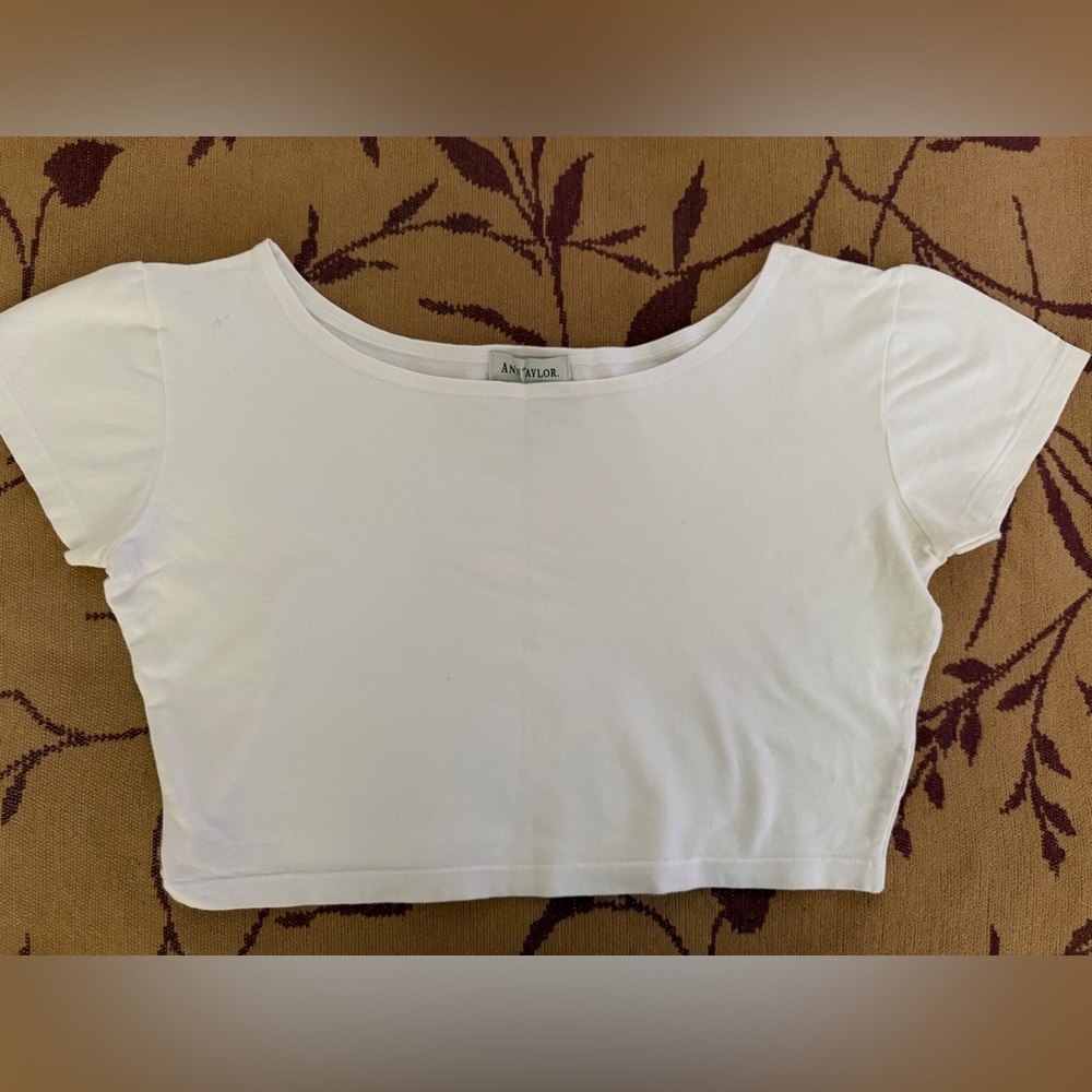 🤍ANN TAYLOR White Cotton Stretch Crop Tee Top